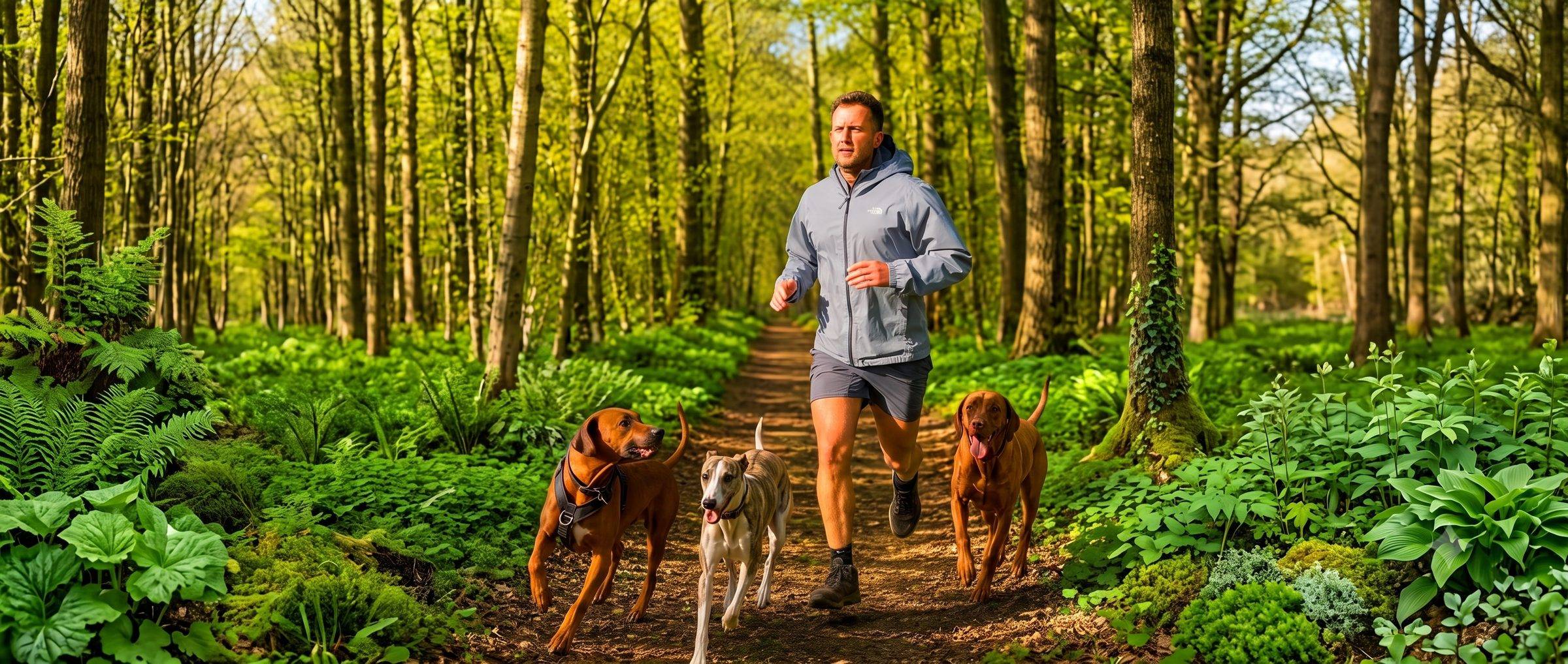 Hugo running along a woodland trail with three dogs at his side.